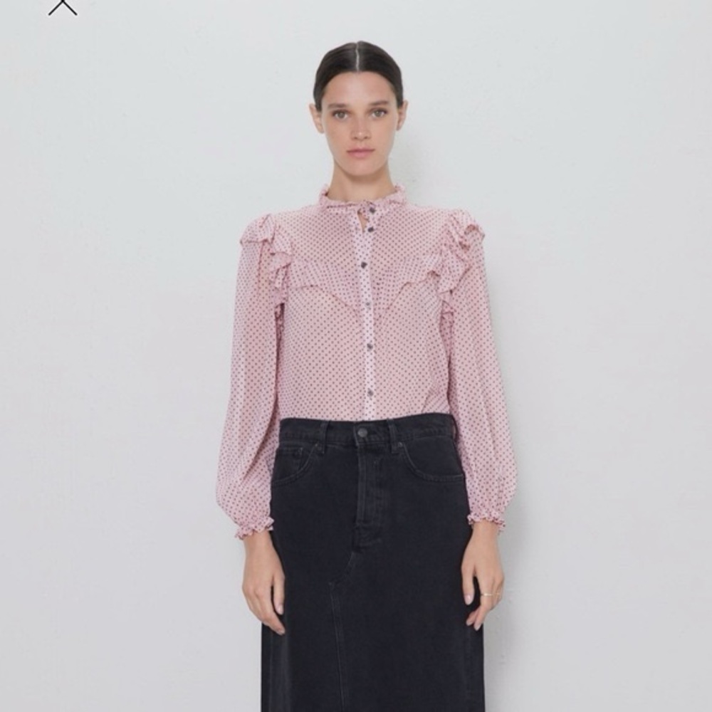 Zara Pink Polka Dot blouse large Women's Top